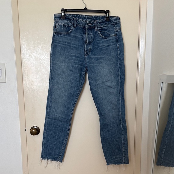 Helmut Lang Denim - Helmut Lang High Rise Crop Slim Blue Denim Jeans with Frayed Hem